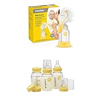 Harmony Manual Breast Pump with Flex Breast Shield and Extra Breast Milk Storage Bottles, Portable Single Hand Breastpump, 3 Pack of 5 Ounce Breastfeeding Bottles, Nipples, Lids, Collars, Caps
