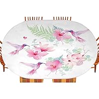Hummingbirds Oval Fitted Tablecloth, Tropical Flowers with Flying Hummingbirds Wild Nature Blooms, for Kitchen Dining, Party, Holiday, Christmas, Buffet, Fits 42