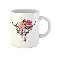 Coffee Mug Scull Buffalo Skull Flowers Watercolor in Boho Bull Cow 11 Oz Ceramic Tea Cup Mugs Best Gift Or Souvenir For Family Friends Coworkers