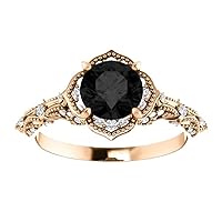 Love Band 1.50 CT Vintage Floral Black Diamond Engagement Ring 14k Rose Gold, Victorian Flower Black Diamond Ring, Art Nouveau Black Onyx Ring, Antique Ring, Classic Ring For Her