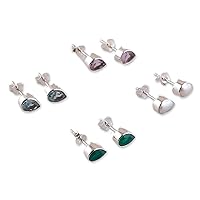 NOVICA Artisan Handmade Gemstone Stud Earrings High polished from India Sterling Silver Amethyst Blue Topaz Onyx Pearl (Set Of 4)