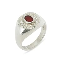 14k White Gold Natural Carnelian & Cubic Zirconia Mens Signet Ring - Sizes 6 to 12 Available