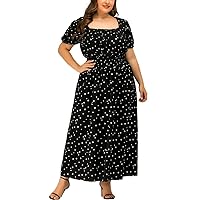Women's Plus Size Casual Polka Dot Print Dress Square Neck Short Puff Sleeves Elastic Waist Flowy Big Swing Maxi Dress