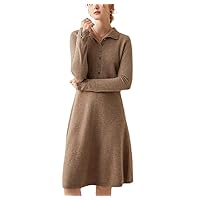 100% Cashmere Knitted Dress Turn-Down Collar Long Jumpers Winter Warm Top Ladies Dress