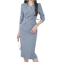 Elegant V-Neck Double-Breasted Profession Office Pencil Dress Women Sheath Dresses Party
