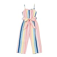 One Baby Girl Toddler Girls Summer Sleeveless Jumpsuit Striped Print Outwear for Girls Easter Romper (Blue, 5-6 Years)