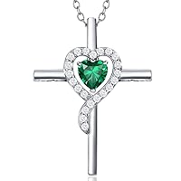 Cross Birthstone Necklace for Women 925 Sterling Silver Heart Necklace Crucifix Pendant Fine Jewelry Birthday Gifts for Girls Mom Daughter Her May