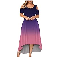 Womens Summer Dresses Plus Size Sexy Round Neck Print Road Shoulder Short-Sleeved Vintage Dress