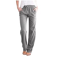 Womens Cotton Linen Casual Pants Straight Leg Drawstring Elastic High Waist Loose Comfy Palazzo Trousers with Pockets