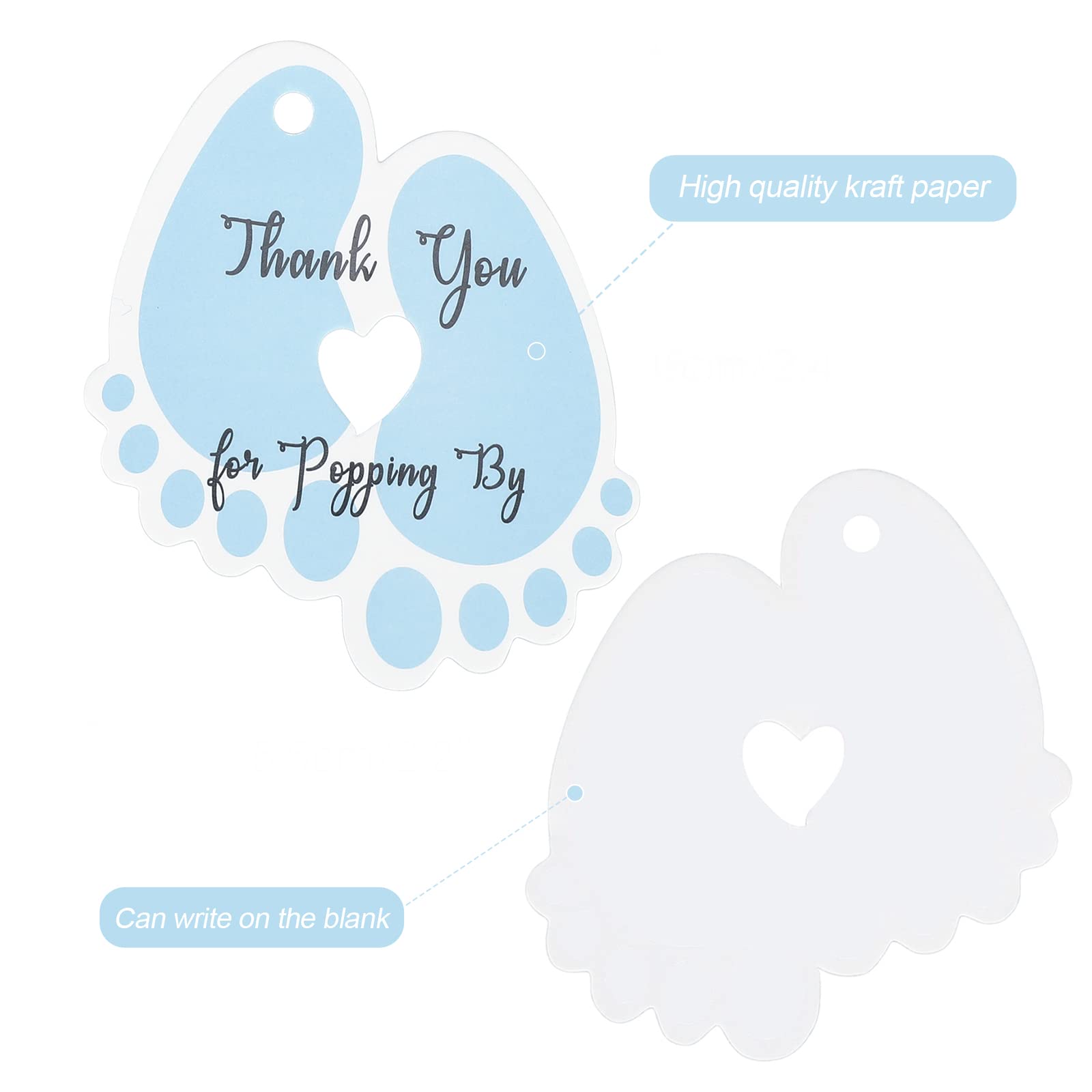 jijAcraft Baby Shower Thank You Tags,100Pcs Thank You Gift Tags with String,Blue Baby Shower Tags,Personalized Baby Feet Thank You for Popping by Tags for Baby Shower Brithday Party Favors (6 x 5.5cm)