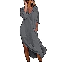 Womens Casual Loose Cotton Linen Long Shirt Dress Lapel Button Rolled Long Sleeve Side Split Beach Dresses with Pockets