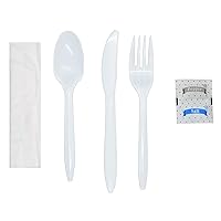 Daxwell Plastic Cutlery Kits, Medium Weight Polypropylene (PP), with Fork, Knife, Teaspoon, Salt, Pepper, Napkin, White, B10001837 (Case of 250)