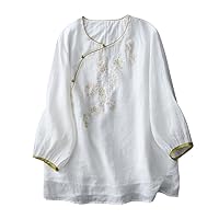 Women's Linen Retro Floral Print Embroidery Top Button-up Tunic Blouse