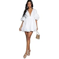 White Dress Plunging Neck Puff Sleeve Elastic Waist Solid Dress White Dress