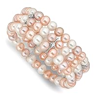925 Sterling Silver Rhodium Plated 7 8mm Multi Color Fwc Pearl CZ Cubic Zirconia Simulated Diamond Flexible Cuff Stackable Bangle Bracelet Jewelry for Women