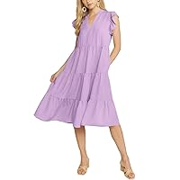 2024 Women's Summer Sleeveless Ruffle V Neck Midi Dresses with Pockets Casual Layered Loose Flowy Dress