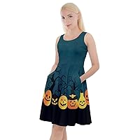 CowCow Womens Skater Dress with Pockets Halloween Witches Bats Skull Ghost Pumpkin Monster Knee Length Dress, XS-5XL