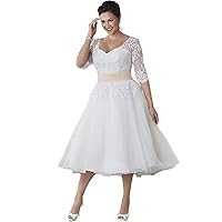 Women's Elegant White Plus Size 3/4 Sleeve Bride Tea Length Vintage Lace Zipper Wedding Dresses