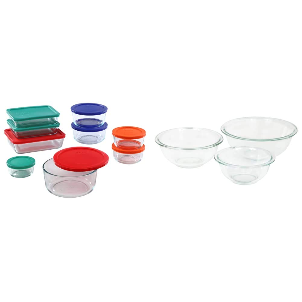 Pyrex Simply Store Meal Prep Glass Food Storage Containers (18-Piece Set, BPA Free Lids, Oven Safe),Multicolored & Glass Mixing Bowl Set (3-Piece S...