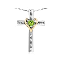 14k Yellow Gold Two Tone Love Cross with Heart Stone Pendant Necklace