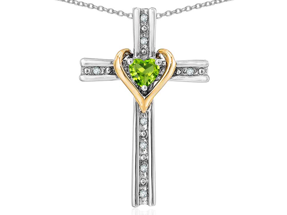 Star K 14k Yellow Gold Two Tone Love Cross with Heart Stone Pendant Necklace