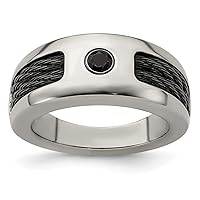 Edward Mirell Titanium Double Cable and Black Spinel With 925 Sterling Silver Polished Engravable Bezel 8mm Band Jewelry Gifts for Women - Ring Size Options: 10 11.5 12.5 13 9.5