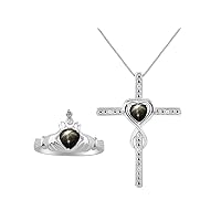 Rylos Women's 14K White Gold Claddagh Friendship Ring & Cross Necklace with 18