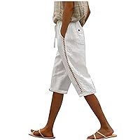 Women's Summer Cotton Linen Shorts Loose-Fit Elastic Waist Knee Length Cozy Shorts Drawstring Casual Beach Shorts Pockets