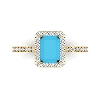 1.95ct Emerald Cut Solitaire with Accent Halo Simulated Cubic Zirconia Blue Turquoise Modern Statement Ring 14k Yellow Gold