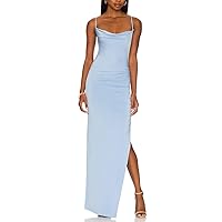 Aigeman Womens Spaghetti Straps Sexy Backless Cowl Neck Maxi Dress Ruched High Slit Bodycon Cocktail Party Dresses 160