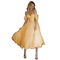 Women's Off Shoulder Tulle Prom Dresses Sweetheart Princess Dress Puffy Ruffles Evening Gowns Tea Length