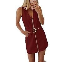 Fisoew Womens Summer Mini Dress Zip Up V Neck Collared Belted Sleeveless Cowgirl Tank Dresses