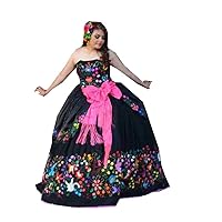 V Neck Off The Shoulder Mexican Style Quinceanera Prom Dresses Black 3D Lace Flowers Layered Puffy Tulle Ruffles Sweet 15