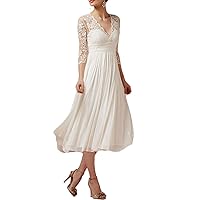 A-Line Vintage 1940s / 1950s Simple Wedding Dress V Neck 3/4 Length Sleeve Tea Length Lace Chiffon Bridal Gowns 2024