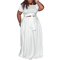 Ophestin Womens Plus Size 2 Piece Dress Outfits Solid Color Crop Top Maxi Skirts Set