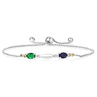 Gem Stone King 925 Silver and 10K Yellow Gold Green Nano Emerald Blue Sapphire and White Lab Grown Diamond Tennis Bracelet For Women (1.00 Cttw, Fully Adjustable Up to 9 Inch)