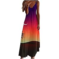 Long Sundresses for Women 2024 Summer Spaghetti Strap Hawaiian Maxi Dresses Print Casual Beach Flowy Bohemian Sun Dress