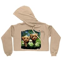 Garden Themed Women's Cropped Fleece Hoodie - Yorkie Cropped Hoodie for Women - Illustration Hooded Sweatshirt