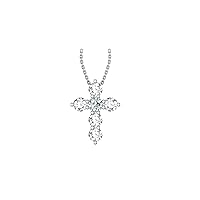 14k White Gold timeless cross pendant set with 5 round white/colorless sapphires (.47ct, AA Quality) encompassing 1 round white diamond, (.1ct, H-I Color, I1 Clarity), dangling on a 18