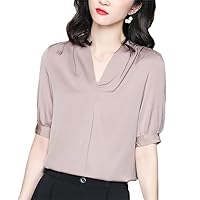 Real Silk Women's Blouse Summer V-Neck Short Sleeve Shirts Women Blouses Solid Tops Office Lady Shirt