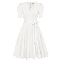 Belle Poque Women Tea Length Dress with Pockets Short Sleeve Tie Waist Dress V Neck A Line Dress for Formal Holiday