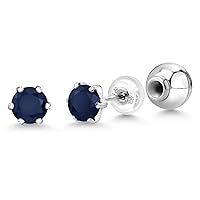 Gem Stone King Platinum Blue Sapphire Stud Earrings For Women (1.20 Cttw, Gemstone Birthstone, Round 5MM)