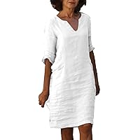 Womens Solid Spring Dresses 2024 Vintage Summer High Waisted Cute 3/4 Sleeve Knee-Length V-Neck Linen Summer Dresses