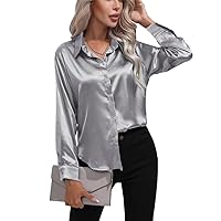 Satin Shirt Womens Long Sleeve Top Blouse Office Wear White Imitation Silk Shirts Large Size