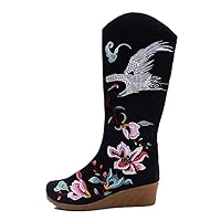 Women and Ladies Red-crowned Crane Embroidery Knee Boots Wedge Heel Boot Shoes