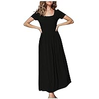 Sleeveless Dresses for Women 2023 Slit Neck Short Sleeve Sundress Blouson Ruffle Shirred Flowy Swing Midi Dress