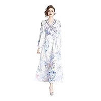 2024 Ladies Maxi Retro Floral Printing Chiffon V-Neck Puff Sleeve High Waist Layered Belted Bodycon Goddess Shirt Dress#6548
