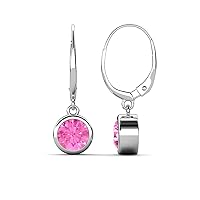 Lab Created Pink Sapphire 1.90 ctw Bezel Set Solitaire Dangling Earrings 14K Gold