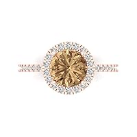 1.82ct Round Cut Solitaire halo Brown Champagne Simulated Diamond designer Modern with accent Ring Real 14k Rose Gold