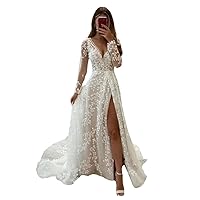 Sexy Split V Neck Aline lace Bridal Women Ball Gown Wedding Dresses for Brides with Long Sleeves Train